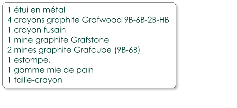 1 étui en métal 4 crayons graphite Grafwood 9B-6B-2B-HB 1 crayon fusain 1 mine graphite Grafstone 2 mines graphite Grafcube (9B-6B) 1 estompe, 1 gomme mie de pain 1 taille-crayon