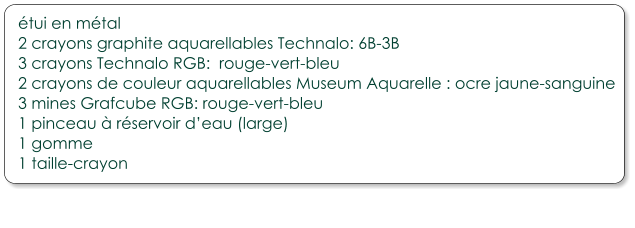 étui en métal 2 crayons graphite aquarellables Technalo: 6B-3B 3 crayons Technalo RGB:  rouge-vert-bleu 2 crayons de couleur aquarellables Museum Aquarelle : ocre jaune-sanguine 3 mines Grafcube RGB: rouge-vert-bleu 1 pinceau à réservoir d’eau (large) 1 gomme 1 taille-crayon