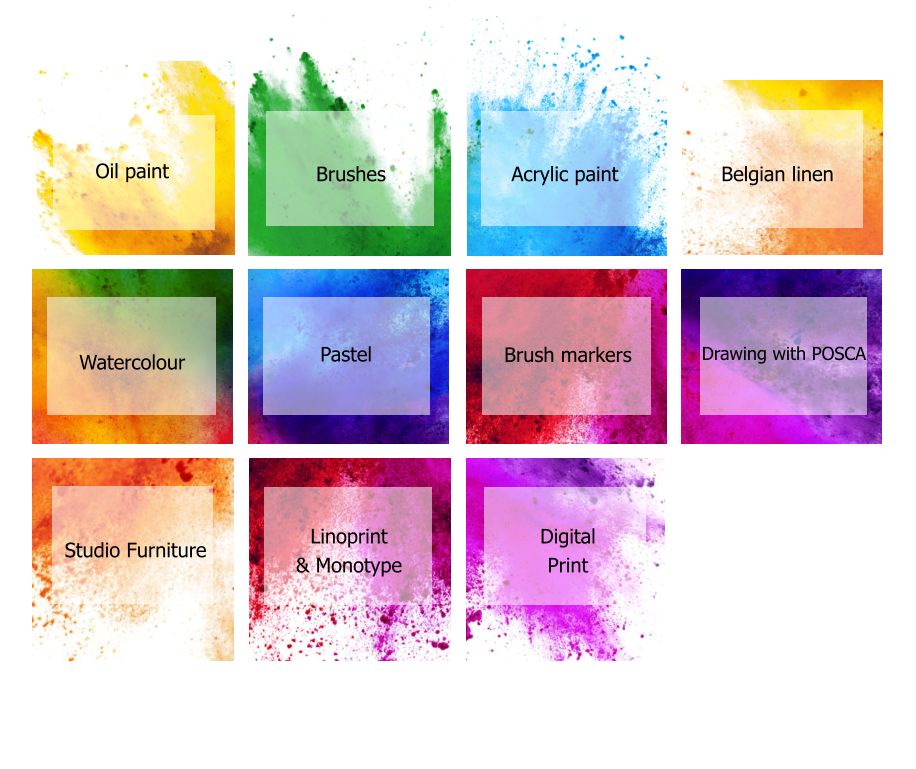 Oil paint Brushes Acrylic paint Belgian linen Watercolour Pastel Brush markers Drawing with POSCA Studio Furniture Linoprint & Monotype Digital Print