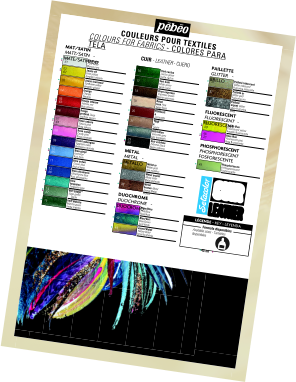 COULEURS POUR TEXTILES COLOURS FOR FABRICS - COLORES PARA TELA CUIR - LEATHER - CUERO •• 01 61 Blanc pur Pure white Blanco puro •• 02 62 Jaune vif Vivid yellow Amarillo brillante • 03 Jaune tournesol Sunfl ower yellow Amarillo girasol • 04 Orange Orange Naranja •• 05 63 Rouge intense Intense red Rojo intenso • 06 Rouge profond Deep red Rojo oscuro •• 07 64 Rose sakura Sakura pink Rosa sakura • 08 Rose candy Candy pink Rosa caramelo • 09 Violet aubergine Eggplant violet Berenjena morada •• 10 65 Bleu glaçé Iced blue Azul hielo • 11 Bleu océan Ocean blue Azul océano •• 12 66 Bleu ultramarin Ultramarine blue Azul ultramarino • 13 Bleu turquoise Turquoise blue Azul turquesa •• 14 67 Vert sauge Sage green Verde salvia • 15 Vert matcha Matcha green Verde matcha • 16 Vert cactus Cactus green Verde cactus • 17 Vert kaki Khaki green Verde caqui • 18 Brun expresso Expresso brown Marrón expresso • 19 Beige rose Pink beige Rosa beige • 20 Terracotta Terracotta Terracota • 21 Taupe Taupe Topo • 22 Gris béton Concrete grey Gris hormigón •• 23 68 Noir extrême Extreme black Negro extremo • 3 3 Métal or Metal gold Oro metàlico • 31 Métal argent Metal silver Metal plateado • 3 2 Métal bronze Metal bronze Metal bronce • 41 Rose/Bleu Pink/Blue Rosa/Azul • 42 Bleu/Vert Blue/Green Azul/Verde • 44 Jaune/Violet Yellow/Violet Amarillo/Violeta • 38 Pailleté iridescent Glitter iridescent Purpurina iridiscente • 37 Pailleté or Glitter gold Purpurina oro • 3 6 Pailleté argent Glitter silver Purpurina plata MAT/SATIN MATT/SATIN - MATE/SATINADO METAL META L - METALLO DUOCHROME DU OC H ROME - DUOCROMO PAILLETTE G L I T T ER - BRILLO FLUORESCENT FLUORESCENT - FLUORESCENT PHOSPHORESCENT PHOSPHORESCENT FOSFORESCENTE LÉGENDE - K E Y - LEYENDA  Formats disponibles Avalaible sizes - Tamaños disponibles    •45 ml   • •• 47 69 Jaune fl uo Fluorescent yellow Amarillo fl uorescente •• 48 70 Rose fl uo Fluorescent pink Rosa fl uorescente • 49 Phosphorescent Phosphorescent Fosforescente