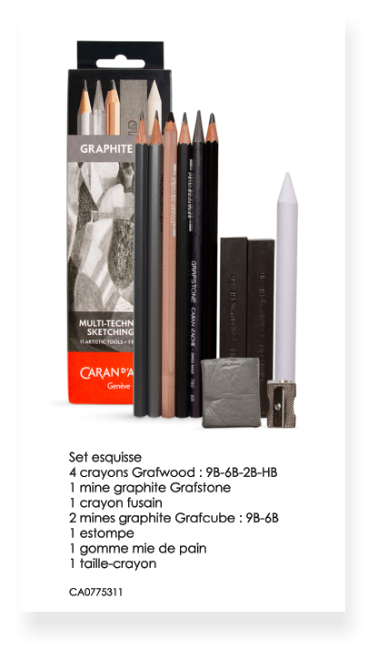 Set esquisse 4 crayons Grafwood : 9B-6B-2B-HB 1 mine graphite Grafstone 1 crayon fusain 2 mines graphite Grafcube : 9B-6B 1 estompe 1 gomme mie de pain 1 taille-crayon  CA0775311