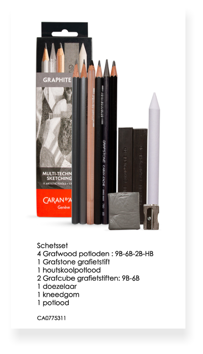 Schetsset 4 Grafwood potloden : 9B-6B-2B-HB 1 Grafstone grafietstift 1 houtskoolpotlood 2 Grafcube grafietstiften: 9B-6B 1 doezelaar 1 kneedgom 1 potlood  CA0775311