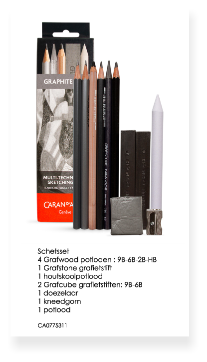 Schetsset 4 Grafwood potloden : 9B-6B-2B-HB 1 Grafstone grafietstift 1 houtskoolpotlood 2 Grafcube grafietstiften: 9B-6B 1 doezelaar 1 kneedgom 1 potlood  CA0775311