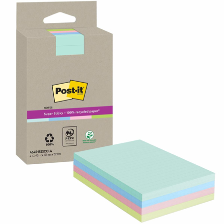 Post-It Super Sticky Recycled Notes - 4 blocs de 45 feuillets adhésifs - 102x152mm - couleurs assorties