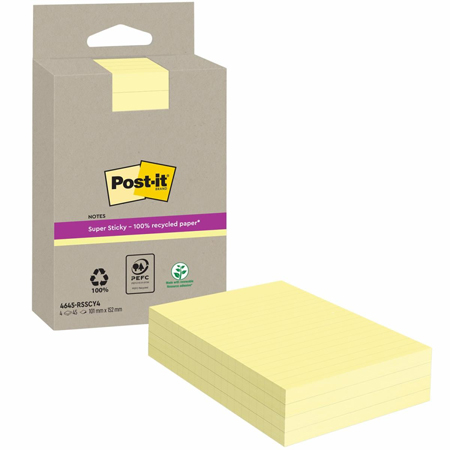 Post-It Super Sticky Recycled Notes - 4 blocs de 45 feuillets adhésifs - 102x152mm - jaune canari
