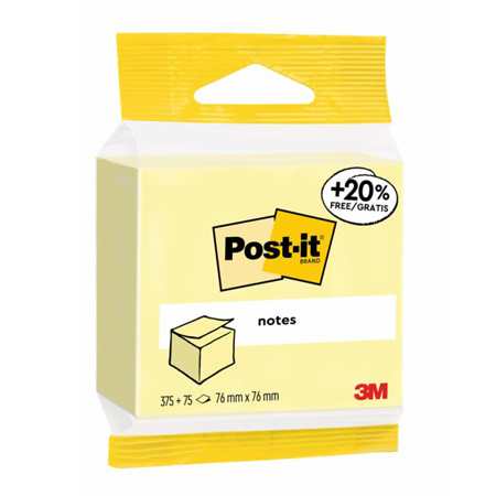 Post-It Notes Cube - memoblok met 375+75 zelfklevende blaadjes - 76x76mm - geel