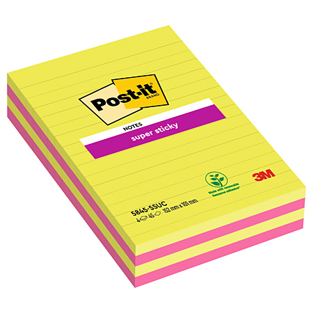 Post-It Super Sticky Notes - pads of 45 self-adhesive coloured sheets - ruled