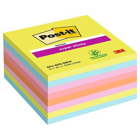 Post-It Super Sticky Notes - 8 blocs de 45 feuillets adhésifs colorés - 76x76mm - ligné