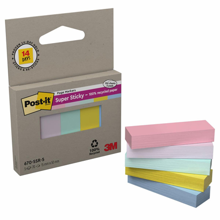 Post-It Super Sticky Recycled Notes - indextabs - 5 blokken met 70 blaadjes - 15x50mm
