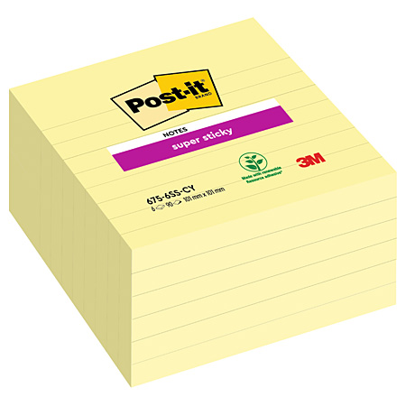 Post-It Super Sticky Notes - blokken van zelfklevende memoblaadjes - 101x101mm - gelijnd - kanariegeel