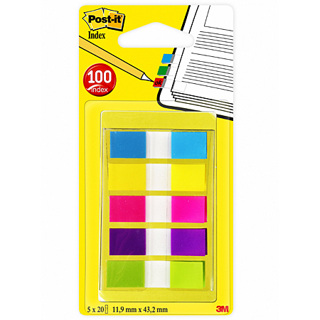 Post-It Index - set de 5x20 onglets colorés adhésifs - avec distributeur - 12x44mm