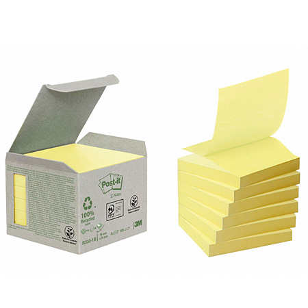 Post-It Recycled Z-Notes - 6 blocs de 100 feuillets adhésifs - 76x76mm - jaune