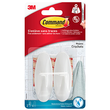 3M Command - white hooks with mounting strips - water resistant - 1,3kg max. - 2 pieces