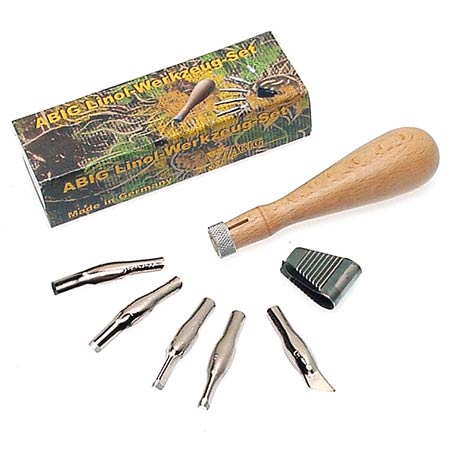 Abig Set pour linogravure - 5 lames 0,4mm pour gouge & manche en bois