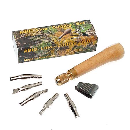 Abig Linodruk set - 5 messen 0,4mm voor guts & 1 houten houder met schroef