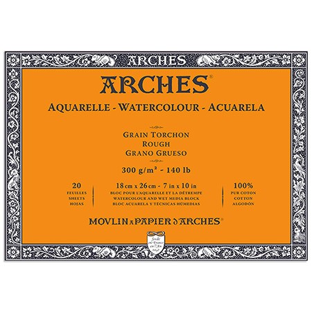 Arches Bloc aquarelle - 20 feuilles 100% coton - 300g/m² - collé 4 côtés - grain torchon