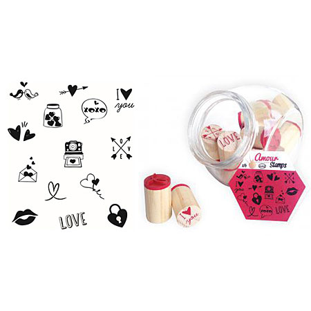 Aladine Stampo Bocal - assortiment van 14 stempels & 1 stempelkussen - love