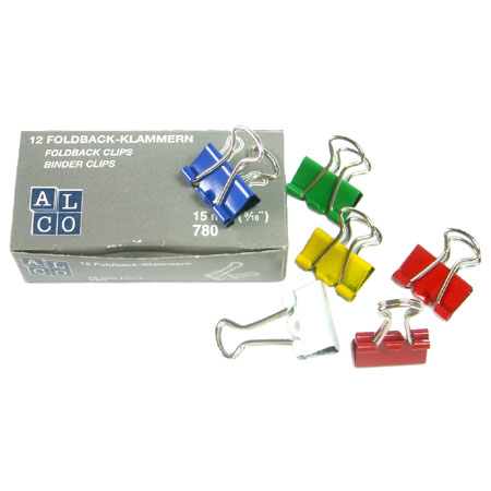 Alco Box of 12 coloured foldback clips - 15mm