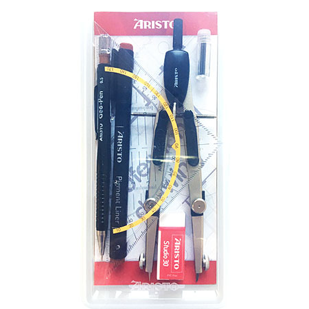 Aristo Premium Schoolset - 1 compas, 1 propelling pencil 0,5mm, 1 pigment liner 0,5mm, 1 eraser & 1 set square