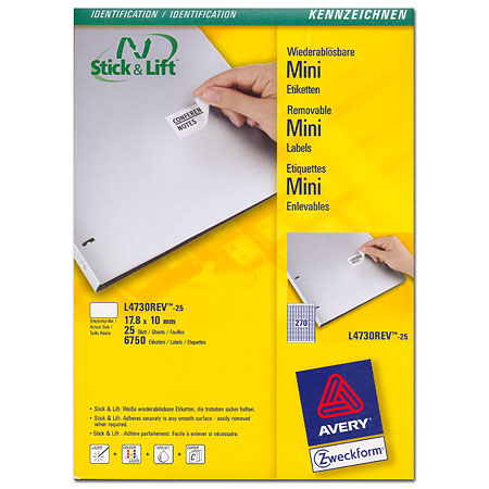 Avery Zweckform Identification L4730REV - universal labels - removable - 17,8x10mm - 270/page - 25 sheets A4 - round corners - white