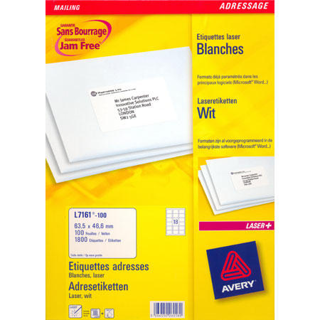 Avery L7161 - laser/inkjet labels - 63,5x46,6mm - 18/page (100 sheets) - rounded corners - white