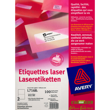 Avery L7168 - étiquettes laser & jet d'encre - 199,6x144,5mm - 2/page (100 feuilles) - coins arrondis - blanc