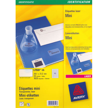 Avery L7551 - étiquettes laser - 38,1x21,2mm - 65/page (25 feuilles) - coins arrondis - transparent