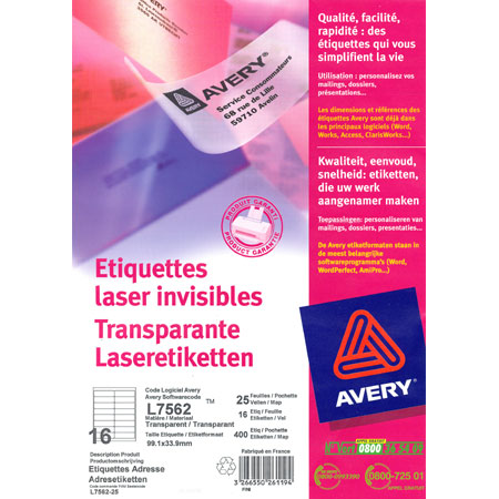 Avery L7562 - étiquettes laser - 99,1x33,9mm - 16/page (25 feuilles) - coins arrondis - transparent