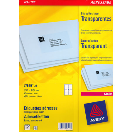 Avery L7565 - laser labels - 99,1x67,7mm - 8/page (25 sheets) - rounded corners - clear