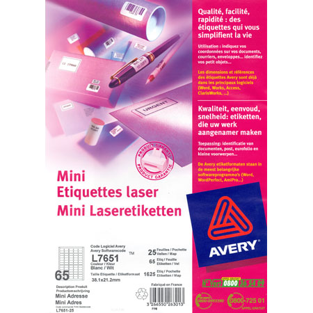 Avery L7651 - étiquettes laser - 38,1x21,2mm - 65/page (25 feuilles) - coins arrondis - blanc