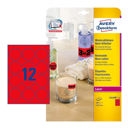 Avery Zweckform Étiquettes fluorescentes laser - 63,5mm - 12/page - 25 feuilles A4 - ronde