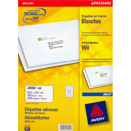 Avery Mailing J8160 - inkjet labels - 63,5x38,1mm - 21/page - 100 sheets A4 - round corners - white
