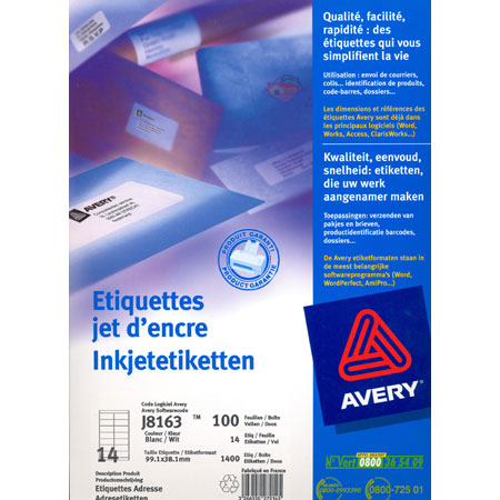 Avery Mailing J8163 - inkjet etiketten - 99,1x38,1mm - 14/blad - 100 vellen A4 - ronde hoeken - wit