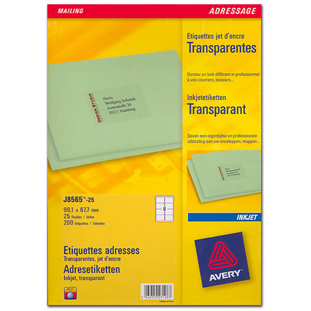 Avery Mailing J8565 - inkjet etiketten - 99,1x67,7mm - 8/blad - 25 vellen A4 - ronde hoeken - transparant