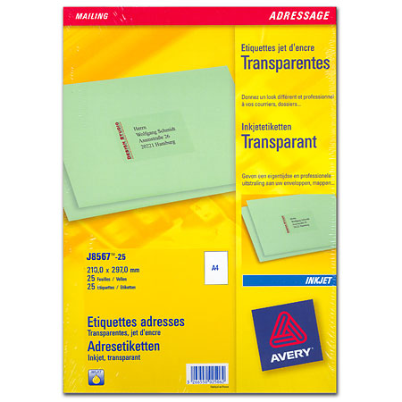Avery Mailing J8567 - étiquettes jet d'encre - 210x297mm - 1/page - 25 feuilles A4 - coins arrondis - transparent