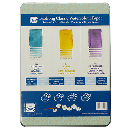 Baohong Classic Watercolour Paper - tin - 20 assorted sheets 10x15cm (postcard size) - 300g/m²
