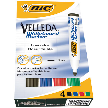 Bic Velleda 1701 - étui en carton - assortiment de 4 marqueurs effaçables - pointe ronde (1,5mm)