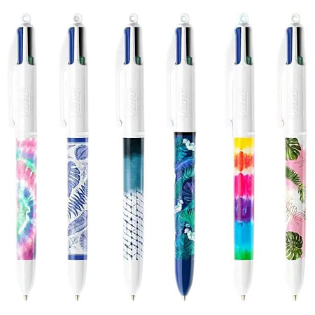 Bic 4Colours Tie&Dye/Botanical - stylo-bille rétractable à 4 couleurs - rechargeable - pointe moyenne - motifs assortis