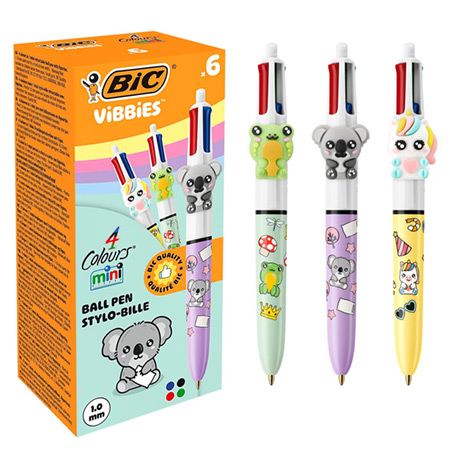Bic Vibbies 4Colours Mini - stylo-bille rétractable à 4 couleurs - pointe moyenne - 3 motifs assortis