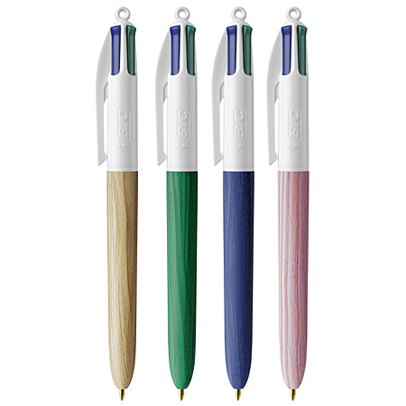 Bic 4Colours Wood - stylo-bille rétractable à 4 couleurs - rechargeable - pointe moyenne - couleurs assorties