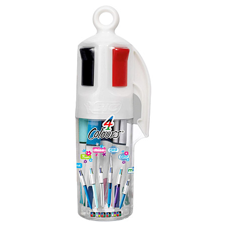 Bic 4Colours Family Mega Tubo - plastic doos - assortiment van 6 intrekbare 4-kleuren balpennen