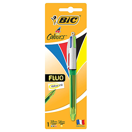 Bic 4Colours Fluo - stylo-bille rétractable à 4 couleurs (noir, bleu, rouge & jaune fluo) - rechargeable - pointe moyenne/large - sous coque