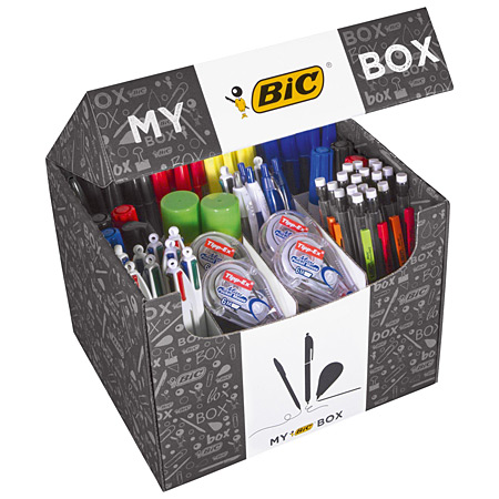 Bic My Bic Box - boîte en carton - assortiment de stylo-billes, porte-mine, marqueurs, correcteurs & colles - 124 pièces