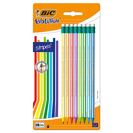 Bic Evolution Stripes - assortiment de 8 crayons graphite HB avec gomme