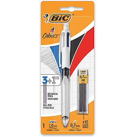 Bic 4Colours 3+1HB - stylo multi-fonctions - stylo-bille à 3 couleurs & porte-mine (0.7mm) + 12 mines - rechargeable - sous coque