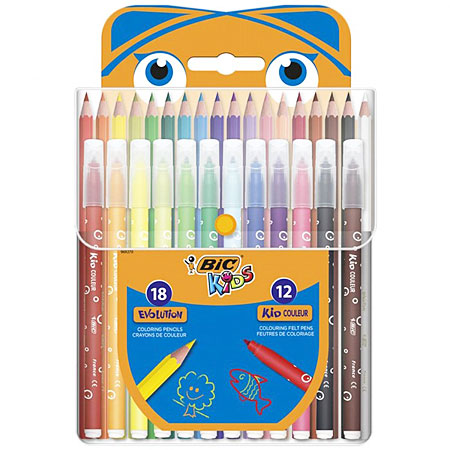 Bic Kids Evolution/Kid Couleur - plastic pouch - 18 assorted colour pencils & 12 fibrepens