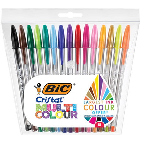 Bic Cristal Multi Colour - plastic pouch - 15 assorted ballpoint pens with coloured ink