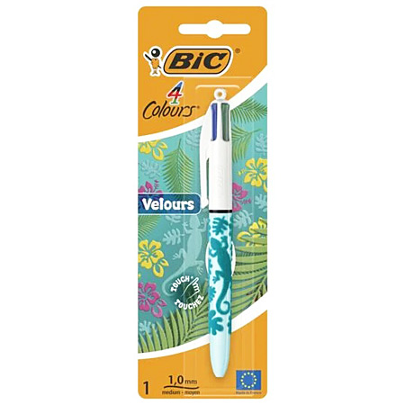 Bic 4Colours Velours - stylo-bille rétractable à 4 couleurs - rechargeable - pointe moyenne - motifs assortis - sous coque