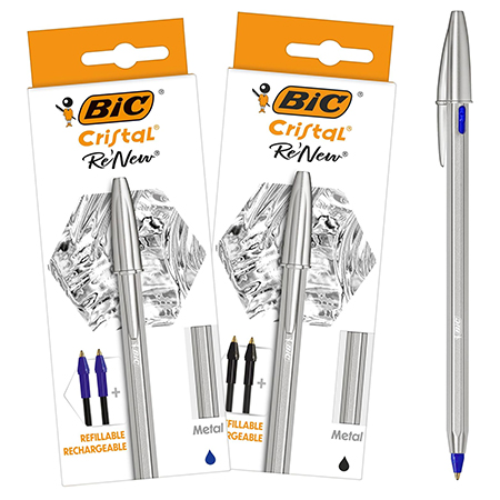 Bic Cristal ReNew - boîte de 1 stylo-bille rechargeable & 2 recharges - pointe moyenne