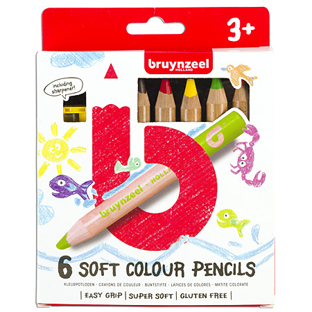 Bruynzeel Kids Soft - kartonnen etui - assortiment van 6 kleurpotloden & 1 slijper